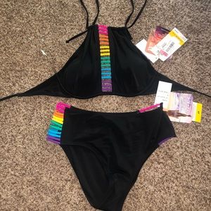 Black high neck bikini with rainbow straps
